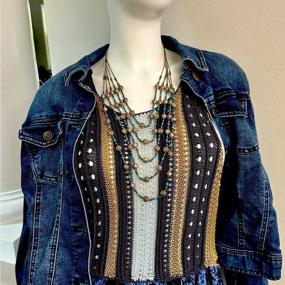 Necklace, silver vintage beaded pendant, five strand